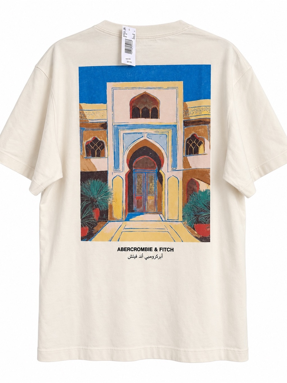 Abercrombie & Fitch Cream Tee with Blue & Gold Architectural Print XL exclusive